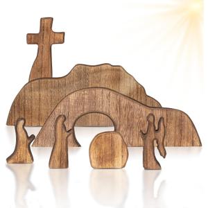 Empty Tomb Easter Scene and Cross Decoration, Jesus Tomb Tray Bundle Kit, Wooden Easter Jesus Sign Tiered Tray Decorations for Religious Home Office Tabletop Christian Gifts (Wood - B)