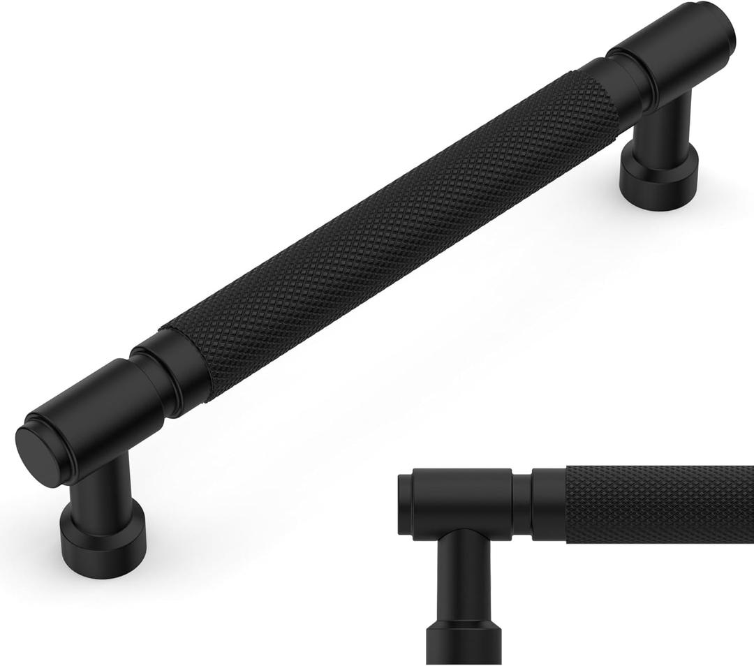 Amerdeco 10 Pack Matte Black knurled Cabinet Pulls 5 Inch(128mm) Hole Center Drawer Pulls Cabinet Hardware Kitchen Cabinet Handles for Bathroom ZH0072