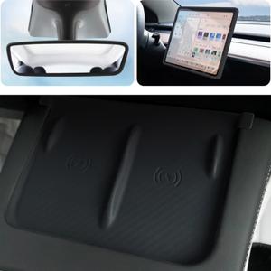 3 PCS for Tesla Model 3|Y 2021 2022 2023 & Model Y 2024 Screen Protector Frame Rear View Mirror Frame Phone Charging Protect Mat Center Console Accessories, Silicone White (Black)