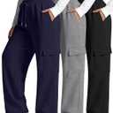 Neer 3 Pack Women's Plus Size Cargo Sweatpants Wide Leg Drawstring Bottom Pants Baggy Loose Casual Athletic Trousers(Black, Heather Gray, Navy Blue,X-Large)