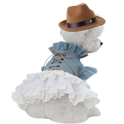 FLAdorepet Western Dog Cowgirl Denim Dress with Dog Hat,Pet Halloween Texas Cowboy Cowgirl Costumes Outfits for Small Dogs Girl Cat Apparels (Blue, XL)