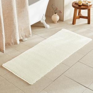Cream White Long Bathroom Rugs, Waffle Runner Rug Bathroom Non Slip Washable Super Absorbent Quick Dry Boho Farmhouse Bath Mat, 60"x24" Cream White