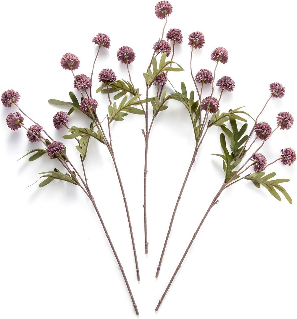 Artificial Kiku Flower - 5 Pcs Fake Pompon Mums Silk Small Chrysanthemum Faux Ball Fall Flower Stem Decor for Autumn Wedding Filler DIY Bouquet Centerpieces Arrangements Shower (Grey Purple)