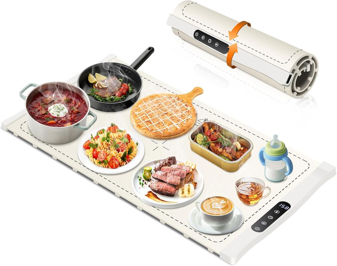 Food Warming Mat, Large Electric Warming Tray, Silicone Fast Heating Warmer Pad, 6 Temp Adjustable, 6 Timer & Safety Lock, Auto Shut-Off for Countertops Buffets Party White