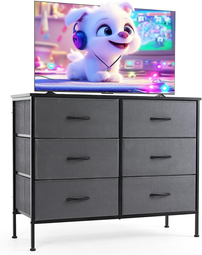 Sweetcrispy Dresser TV Stand, Console Table with 6 Wide Drawers, Entertainment Center for 55" TV Storage Fabric Dresser Drawer for Living Room, Bedroom, Entryway (13.8"D x 38.2"W x 30"H (6 Drawers), Dark Grey)
