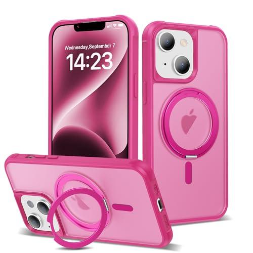 XIEWE for iPhone 13/14 Case 6.1 Inches 360°Rotatable Magnetic Ring Invisible Stand,[Compatible with Mag-Safe] Military Shockproof Frosted Translucent Case,Hot Pink, Pack Of 2