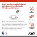 Juno LED Recessed Lights 6 Inch Round Wafer Downlight, 5-in-1 Switchable White Color Temperature, Adjustable Brightness, Deep Regressed Baffled Trim, 6-Inch, Matte White, 6-Pack