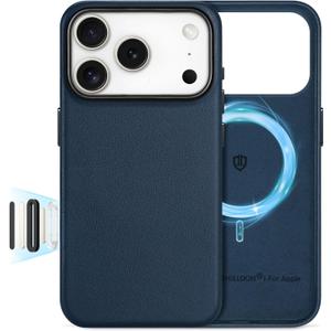 SHIELDON Genuine Leather Case for iPhone 17 Pro 6.3" 2025, [Camera Button Updated], Compatible with Magsafe, Magnetic Wireless Charging, Slim Fit, Shockproof, Metal Button, Camera Bezel - Navy Blue