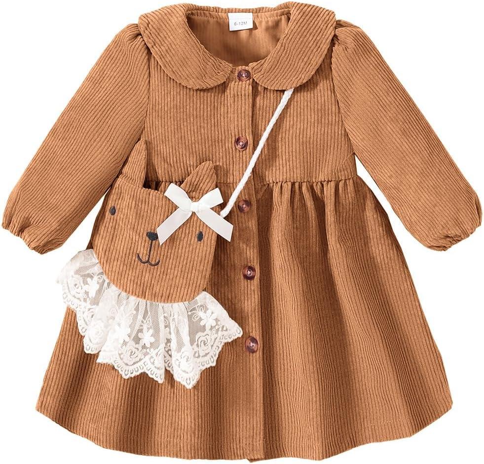 Toddler Girl Dress Fall Winter Yellow Dresses for Girls Long Sleeve Corduroy Skirts with Satchel 2T - 3T Girls Outfits Princess Party Cute Clothing Set