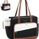 LOVEVOOK Teacher Tote Bag, Laptop Bag for Women with Large Cup Holder & Accordion File Area, Work Tote Bag for Business (15.6 inch, Black-beige-brown)