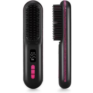 CHRISTINE SHELLY Hair Straightener Brush, Portable Cordless Mini Straightening Brush for Travel, Negative Ion Hot Comb Hair Straightener with 9 Temps for Women, Anti-Scald Ceramic, Fast Charge (A-black With Rose Red)