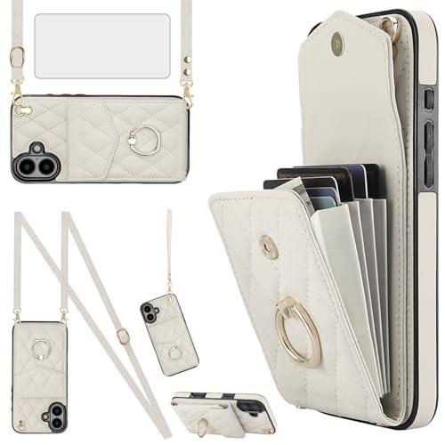 Asuwish Compatible with iPhone 16 6.1 inch Wallet Case Tempered Glass Screen Protector and Wrist Strap Ring RFID Blocking Card Holder Cell Phone Cover for i Phone16 i16 16Case Women Girls Off White