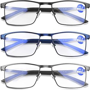 3 Pack Metal Blue Light Glasses for Men/Women,Business Style Sturdy and Durable, Blue Light Protection Cheaters +0.00