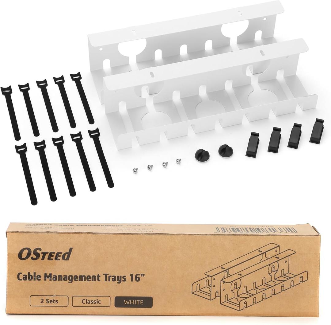 Under Desk Cable Management Tray 2 Pack White, Cable Management Under Table, Cord Organizer Tray for Wire Management, Home & Office Standing Desk Cord Organizer