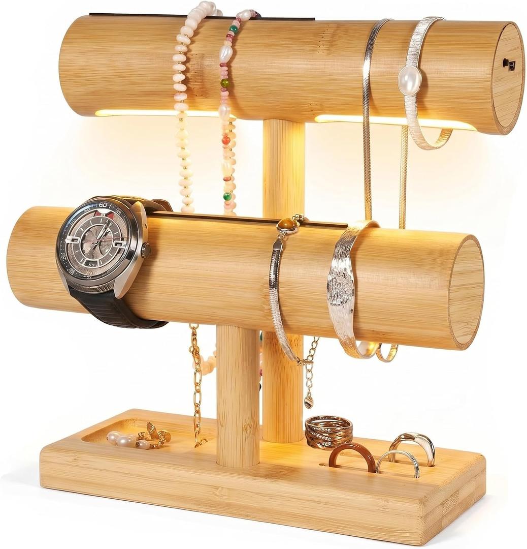 LED Bamboo Jewelry Organizer Stand - Bracelet Holder, Jewelry Organizers and Storage for Necklace, Watch, Earring, Ring - Built-in LED Light Natural Wooden Jewelry Display Stand for Dresser Decor