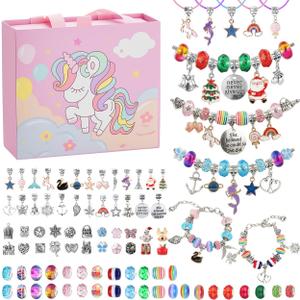 Emibele Charm Bracelet Making Kit, Jewelry Making Kit for Girls Age 8-12, Unicorn/Mermaid DIY Bracelets Crafts Kit for 5 6 7 Girls, Gifts Idea on Birthday Valentines Easter