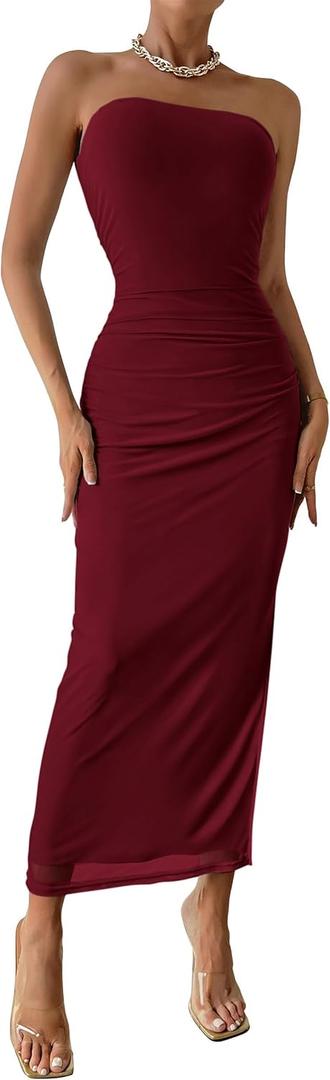 PRETTYGARDEN Women's Summer Wedding Guest Dress Strapless Tube Top Maxi Bodycon Long Floral Mesh Beach Vacation Party Dresses (Red, M)