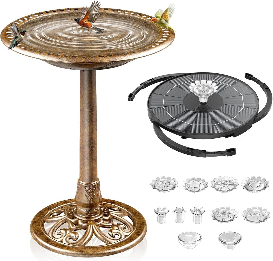 AISITIN 28 Inch Bird Bath with 3.5W Solar Fountain for Outside, Antique Copper Polyresin Pedestal Bird Baths for Outdoor Garden Courtyard Decor, Weather-Resistant Birdbaths with 20" Bowl & 8 Nozzles