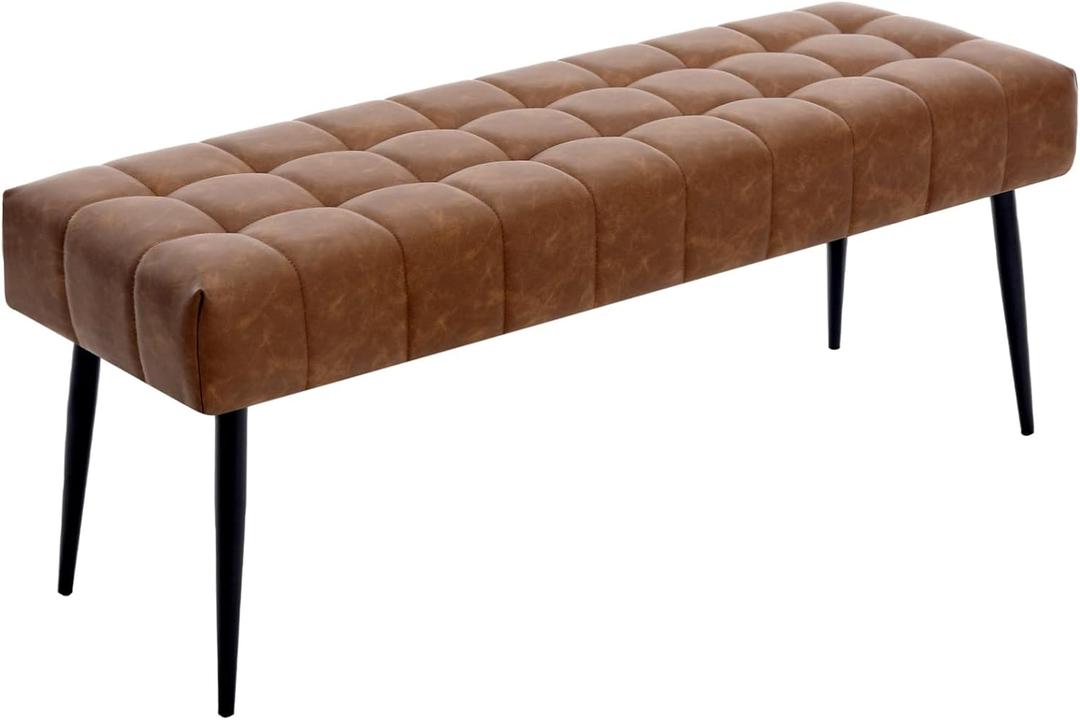 Apicizon 44.5Entryway Bench, Soft Faux Leather Indoor Bench with Metal Legs, Modern Cushion Ottoman Bench for Bedroom, Living Room, Entrance, Dining Room, Brown