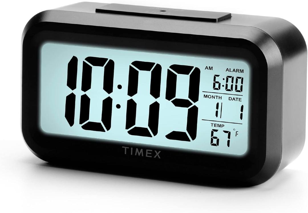 Timex Alarm Clock with Temperature Sensor and Large Display, Battery Operated for Bedroom Runs on 3 AAA Batteries (T108BC) (T108) Black