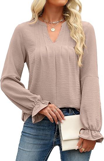 ANRABESS Women's Dressy Casual Blouses V Neck Long Sleeve 2025 Fall Loose Fit Tunic Tops Pleated T Shirts Trendy Outfits, L (Apricot)