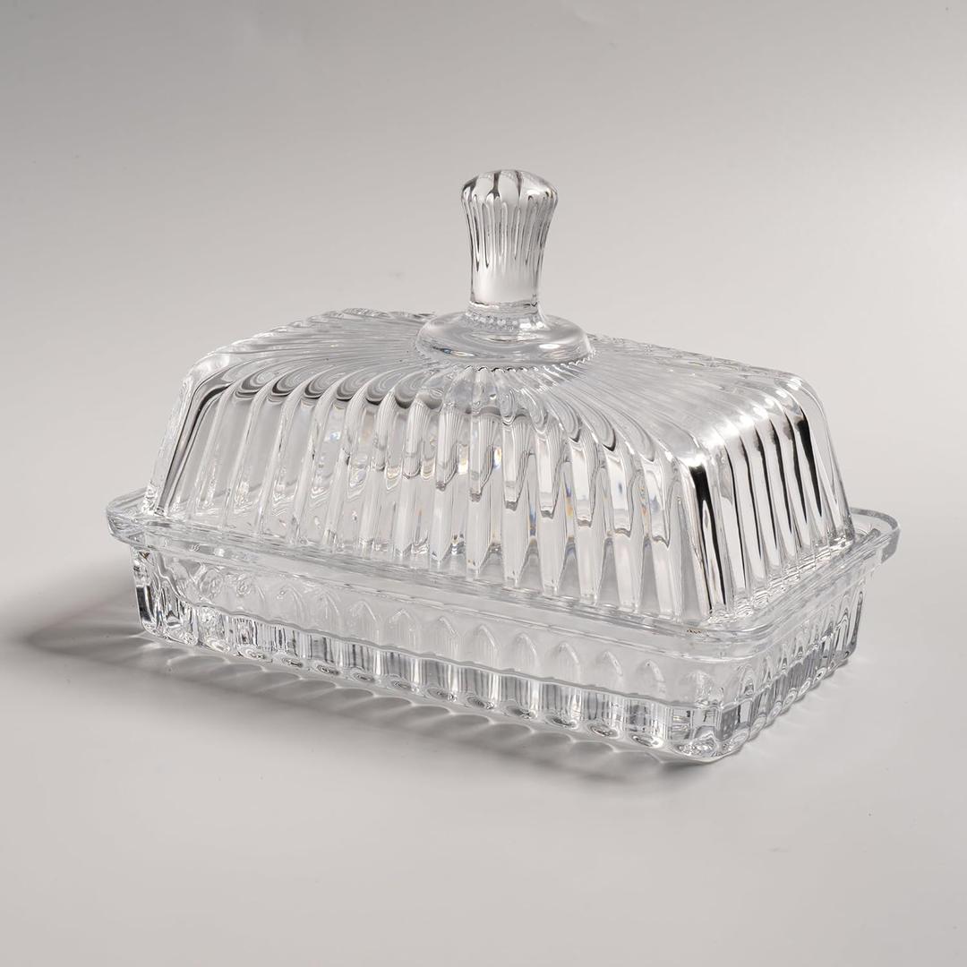 Clear Glass Butter Dish with Lid, Covered Crystal Butter Stick Holder Tray, Glass Butter Storage Container for Fridge Countertop