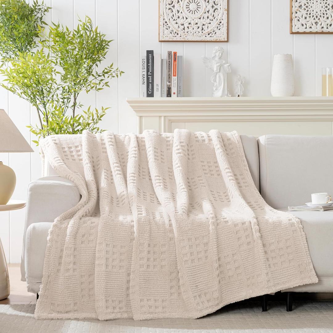 60x80 Inch Waffle Beige Twin Blanket -Fluffy Fleece, Neutral Tan Color, Cute & Aesthetic, Perfect for Sofa, Couch, Chair, Bed, Living Room & Bedroom, All-Season Use, Plush & Cozy Decorative Blanket