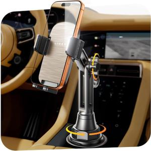 LISEN Cup Phone Holder for Car [Upgraded Version] Long Neck 360 Adjustable [Thick Cases Friendly] for iPhone 16e 16 15 14 13 Pro Max Samsung S25 All 4-7'' Phone, Gold Kits