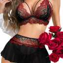Sexy Mini Skirt with Thong Floral Lace Sheer Bralette Lingerie Set 3 Piece Otufits (Black Red)