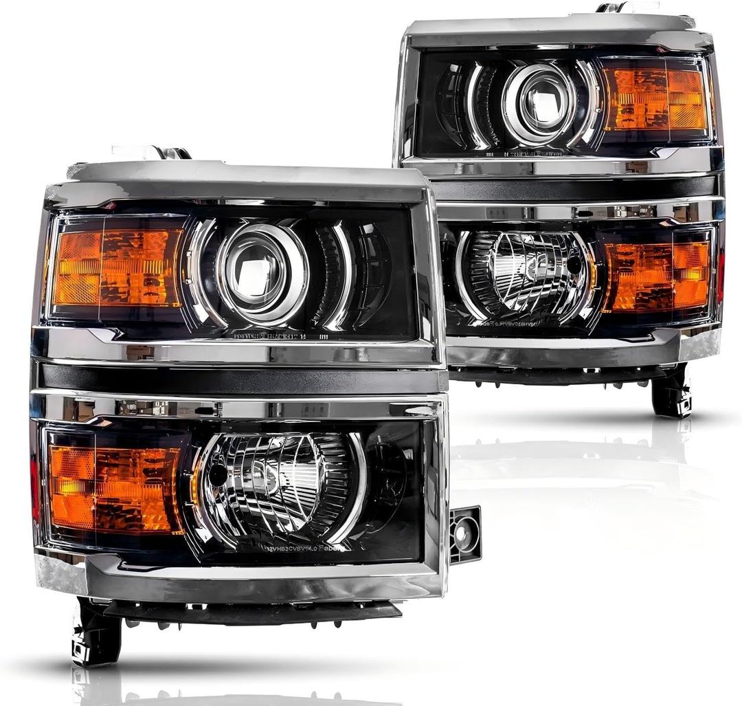 Torchbeam Projector Headlight Assembly Replacement OE Headlamp Compatible with 2014 2015 Chevy Silverado 1500 LTZ/High Country Amber Reflector Chrome Housing Driver and Passenger Side