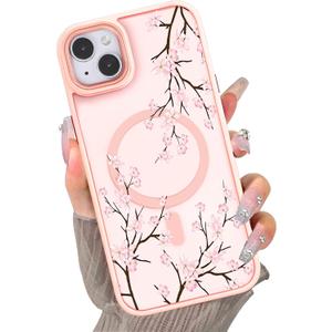 for iPhone 14 Plus Magnetic Matte Translucent Case,Luxury Shockproof Magnetic,Cute Flower Pattern Hard Back Cover iPhone 14 Plus Case for Women Girls-Little Pink Floral