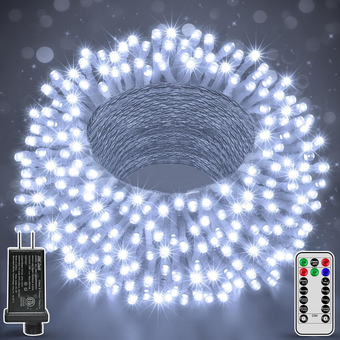 Ccinny 328FT 1000 LED Christmas Lights Outdoor Waterproof, Timer & Memory Function, 8 Modes Cool White String Lights Plug in Twinkle Lights for Xmas Tree Holiday Garden Indoor Party Decor