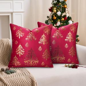 Red and Gold Christmas Pillow Covers Velvet Christmas Trees Throw Pillow Cover 18x18 Set of 2 Throw Pillowcases Cushion Cases Winter Outdoor Decorative for Sofa Couch Bed Living Room Home Decor