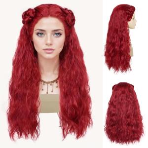 GNIMEGIL 26 Inch Long Wavy Red Costume Wig Synthetic Hair with Braided Buns for Cosplay Halloween Red Theme Musical Party Drama Prom