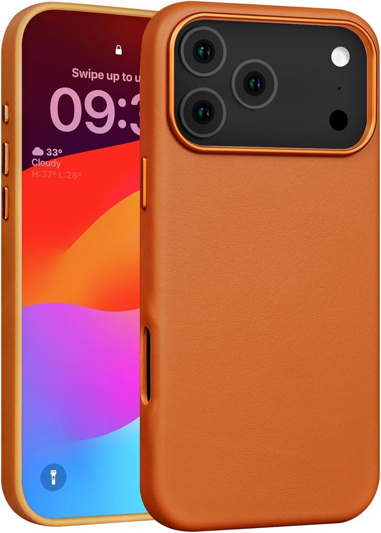 for iPhone 17 Pro Max Leather Case Compatible with Magsafe, Top Grain Leather, Professional Slim Fit Shockproof, Metal Buttons & Camera Bump Frame Phone Protective Magnetic Cover - Brown