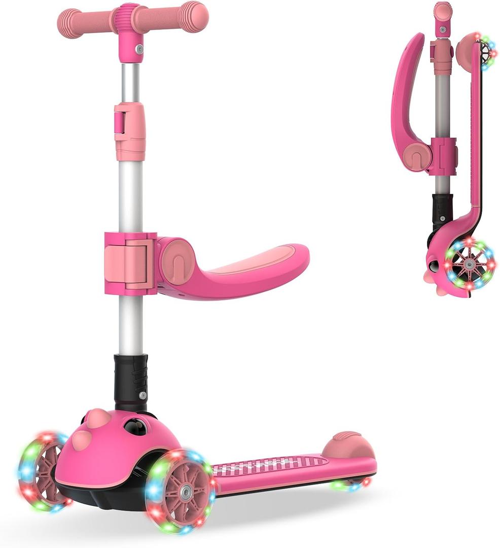 Gotrax KS3 Pro Folding Kick Scooter for Kids, One Key Removable Seat & 3 Extra Wide PU Light-Up Wheels and Anti-Slip Deck, Adjustable Height Handlebar and Lean-to-Steer Scooter for Children Aged 2-8 (Pink)