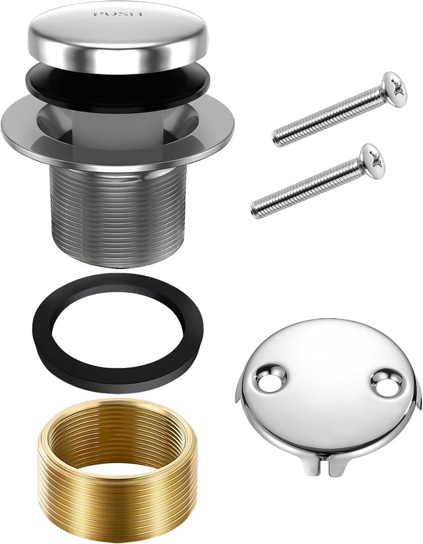 Bathtub Drain Tip-Toe Trim Set with Two-Hole Overflow Faceplate, Replacement Bath Tub Drains Conversion Kit Assembly with Universal Fine/Coarse Thread fits All Bathtub (Chrome)