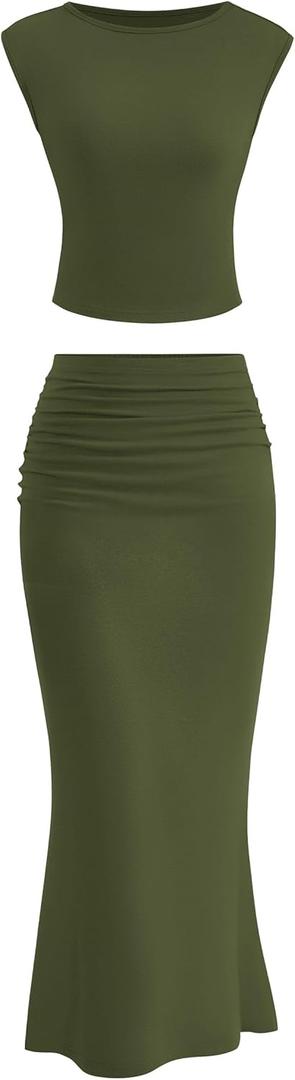 PRETTYGARDEN Skirt Sets Women 2 Piece Outfits Summer Outfits 2026 Going Out Crop Tops Long Maxi Skirts Beach Vacation Clothes (Medium, Army Green)
