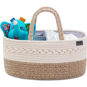 Baby Diaper Caddy Organizer, Portable Nursery Storage Basket with Changeable Compartments, 100% Cotton Woven Rope Baskets, Car & Changing Table Tote, Newborn Gift (Yellow)