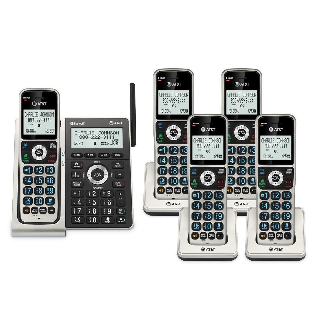 AT&T BL3107-5 DECT 6.0 5-Handset Cordless Phone with Bluetooth Connect to Cell, Smart Call Blocker, Digital Answering System, Extended Range, Big Buttons - Titanium Black