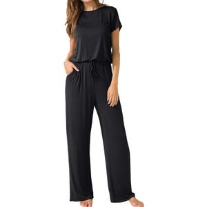 LAINAB Womens Soft Summer Jumpsuits Short Sleeve Casual Wide Legs Rompers (X-Large, Ab-black)