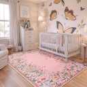 Wonnitar Washable Rug, 5x7 Pink Rugs for Living Room, Floral Print Non-Slip Area Rugs for Bedroom Girls, Soft Large Throw Carpet for Kids Nursery Room (Pink,5'x7')