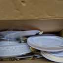 GATHER 700PCS Gold Plastic Plates - Whtie and Gold Disposable Dinnerware Sets 100Guest - 200 Disposable Plate, 300 Plastic Silverware, 100 Cups, 100 Napkins for Wedding & Party