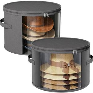 Ofiray-home 2 Pack Large Clear Hat Storage Boxes, Hold up to 7-9 Hats, Hat Organizer for Closet, Durable & Foldable, Hat Box with Carrying Handles for Round Brim, Wide-Brim, Cowboy, Sun Hat (Gray)