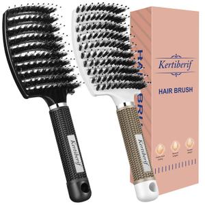Boar Bristle Hair Brush 2PCS, Curved Vented Detangling Brush for Wet and Dry Hair, Styling Paddle Hairbrush for Women Men Kids Curly Straight Thick Long or Short Hair (Black, White)