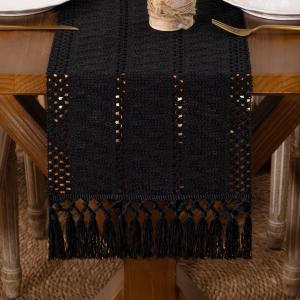 Boho Macrame Table Runner Spring Easter Farmhouse Woven Table Runner with Tassels 90 Inches Halloween Black Cotton Linen Kitchen Table Decor for Dining Dresser Home Tea Table Decor (12" x 90")