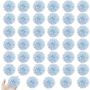HinyoCo 40 Pcs Artificial Chrysanthemums Heads Ball Flowers,Silk Chrysanthemum Ball Hydrangea Heads No Stems for Home Office Coffee House Parties and Wedding (Light Blue)