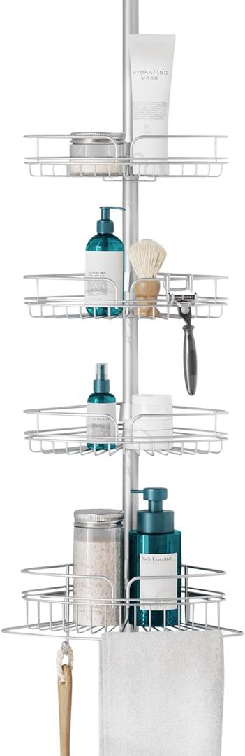 Zenna Home Tension Pole Shower Caddy Corner Organizer, Adjustable Standing Shower Caddy with 4 Baskets and Built in Towel Bar, Rust Resistant Bathroom Tension Rod Organizer, 60 to 97 Inch, Chrome