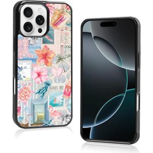 European Summer Collage Phone Case Compatible with iPhone 16 Pro Max,Cute Pink Aesthetic Hibiscus and Turtle Coquette Case for Women Girls