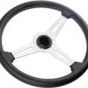 14 inch/350mm Genuine Leather Steering Wheel with Silver Spokes Flat Drift Racing Steering Wheel White Stitching